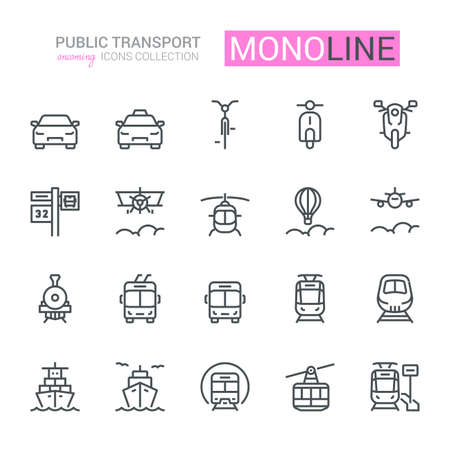Public Transport Icons, oncoming/front view,  Monoline concept. 
The icons were created on a 48x48 pixel aligned, perfect grid providing a clean and crisp appearance. Adjustable stroke weight.のイラスト素材