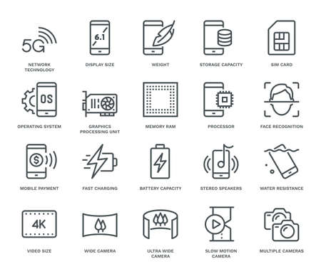 Smartphone Specification Icons. Monoline concept
The icons were created on a 48x48 pixel aligned, perfect grid providing a clean and crisp appearance. Adjustable stroke weight.のイラスト素材