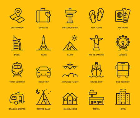 Summer and Holidays Icons,  Monoline concept.
The icons were created on a 48x48 pixel aligned, perfect grid providing a clean and crisp appearance. Adjustable stroke weight. のイラスト素材