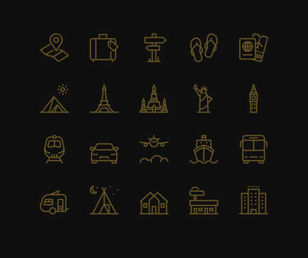 Travel and Holidays Icons,  Monoline concept
The icons were created on a 48x48 pixel aligned, perfect grid providing a clean and crisp appearance. Adjustable stroke weight.のイラスト素材