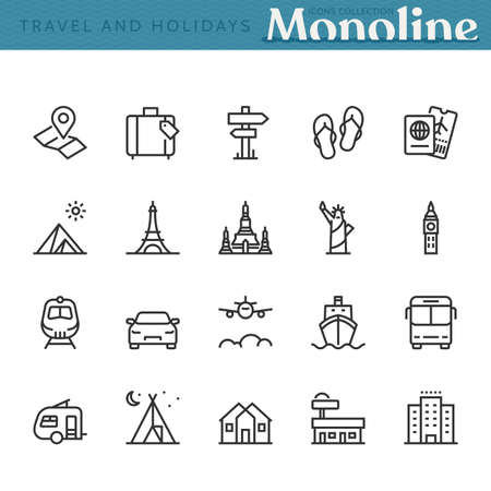 Travel and Holidays Icons,  Monoline concept
The icons were created on a 48x48 pixel aligned, perfect grid providing a clean and crisp appearance. Adjustable stroke weight.のイラスト素材