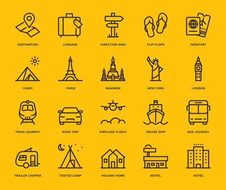 Travel and Holidays Icons,  Monoline concept
The icons were created on a 48x48 pixel aligned, perfect grid providing a clean and crisp appearance. Adjustable stroke weight.のイラスト素材