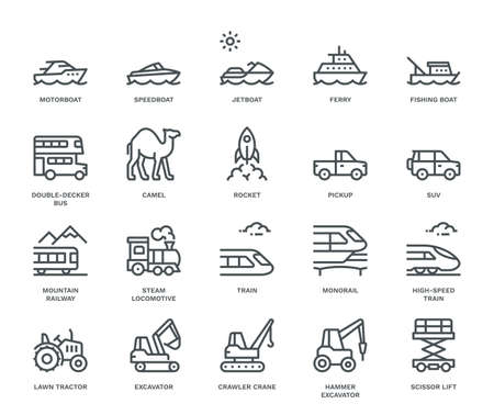 Transportation Icons, side view, part III.  Monoline concept
The icons were created on a 48x48 pixel aligned, perfect grid providing a clean and crisp appearance. Adjustable stroke weight.のイラスト素材