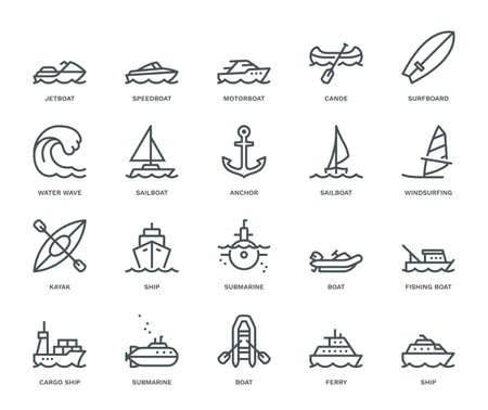 Water Transport Icons,  Monoline concept
The icons were created on a 48x48 pixel aligned, perfect grid providing a clean and crisp appearance. Adjustable stroke weight. 
のイラスト素材