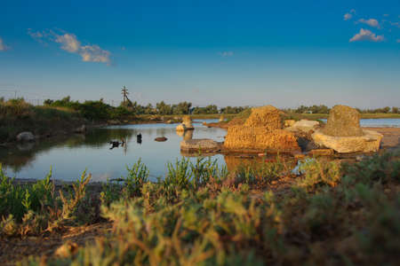 salt lake with sandstone wideの写真素材
