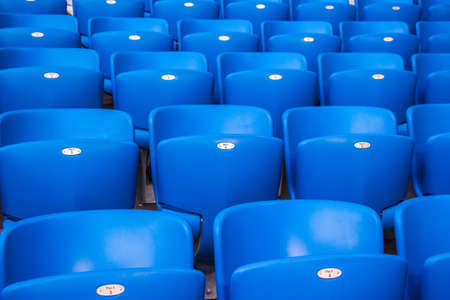 Samara, Russia - May 16, 2018: Rows empty bright blue plastic seats in a stadiumのeditorial素材