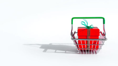 Grocery basket with red gift box on white isolated background. Christmas shopping online. Copy...
