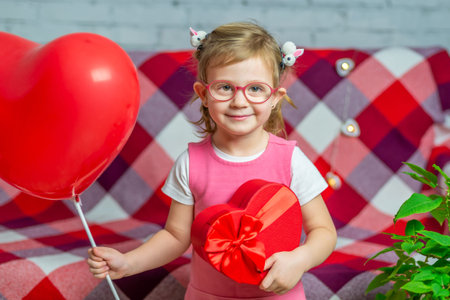 Little beautiful girl in glasses with red gift box heart and balloon. Valentines Day holiday. Childrens love. Child congratulates his favorite mother and grandmother on womens Day and Mothers Day.の写真素材