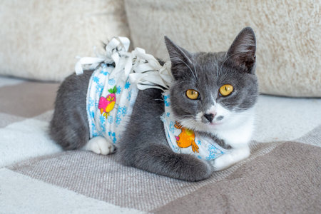 Sick domestic cat lies after surgery at home on sofa in clothes. Postoperative bandage. Care of pet...