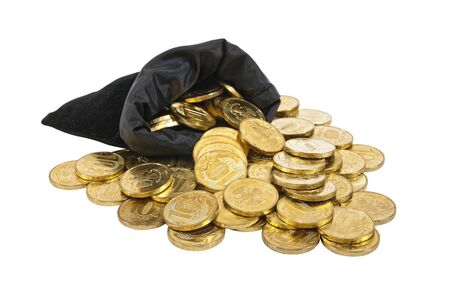 Money coins in bag isolated on whiteの写真素材