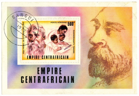 CENTRAL AFRICAN EMPIRE- CIRCA 1977: A postage stamp printed in the Central African Empire commemorative Rabindranath Tagore, circa 1977のeditorial素材