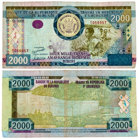 BURUNDI - CIRCA 2008. Banknote 2000 Francs issued by Central Bank of Burundi in 2008.のeditorial素材