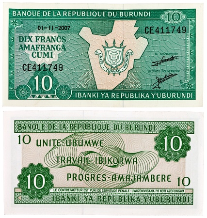BURUNDI - CIRCA 2007. Banknote 10 Francs issued by Central Bank of Burundi in 2007.のeditorial素材