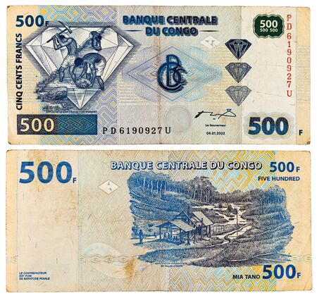 CONGO - CIRCA 2002. Banknote 500 Francs issued by Central Bank of Congo in 2002.のeditorial素材