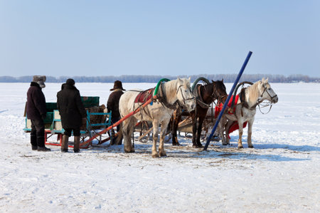 Three horses with sleds at the bank of frozen river in Russiaの写真素材