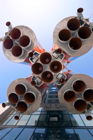 Details of space rocket engine over blue sky backgroundの写真素材