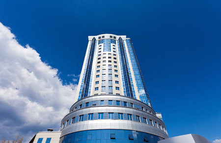 Modern skyscraper on blue sky background in Samara, Russia