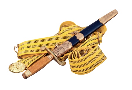 The dirk of the officer Soviet infantry and belt isolated on white backgroundの写真素材