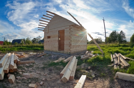 Wooden house under constructionの写真素材