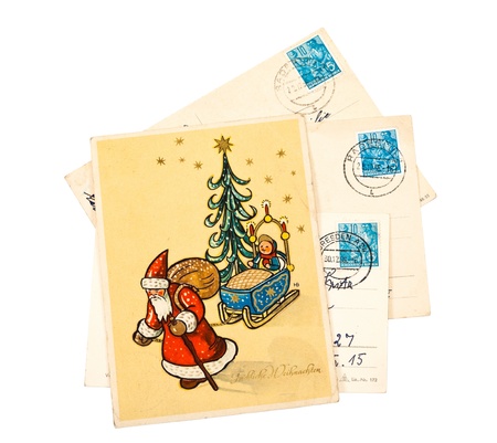 GDR - CIRCA 1956: Greeting Christmas Card printed in the East Germany (GDR) shows Santa Claus and Christmas tree, circa 1956のeditorial素材