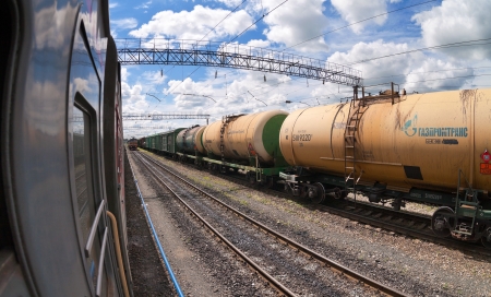 Freight train with petroleum tanker carsのeditorial素材