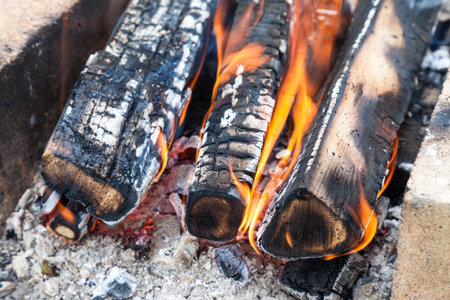 Closeup of a warm fire burning in a campfire