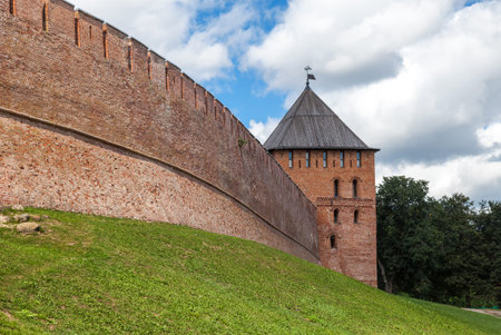 One of the towers Novgorod Kremlin with a fragment of a wallのeditorial素材