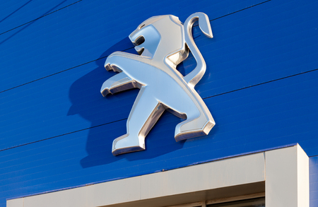 SAMARA, RUSSIA - NOVEMBER 24: The emblem Peugeot, November 24, 2013 in Samara, Russia. Peugeot is a French car brand, part of PSA Peugeot Citroenのeditorial素材