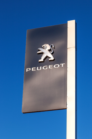 SAMARA, RUSSIA - NOVEMBER 24: The emblem Peugeot, November 24, 2013 in Samara, Russia. Peugeot is a French car brand, part of PSA Peugeot Citroenのeditorial素材