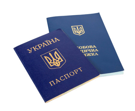 Ukrainian sanitary book and passport isolated on whiteの写真素材