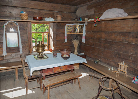 NOVGOROD, RUSSIA - AUGUST 10:  The interior of the museum of wooden architecture Vitoslavlitsy in Veliky Novgorod, Russia on August 10, 2013. Over twenty wooden buildings (churches, houses and mills) dating from the 14th to the 19th century presented in tのeditorial素材
