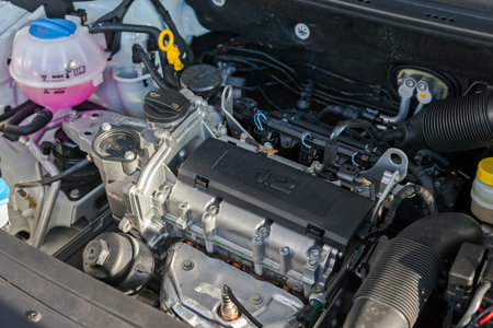 SAMARA, RUSSIA - APRIL 18, 2014: The new engine of the modern car Skoda Rapid closeup. Skoda is an...