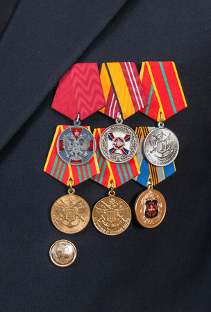 SAMARA, RUSSIA - JUNE 3, 2014: Different awards and medals on the russian navy uniformのeditorial素材