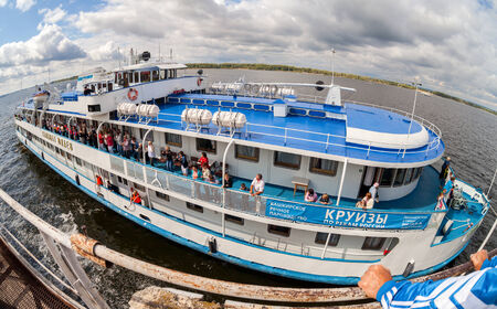 SAMARA, RUSSIA - AUGUST 31, 2014: River cruise passenger ship S. Yulaev at the moored on Volga river in Samara. Volga is one of the longest river in Europeのeditorial素材