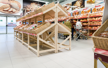 SAMARA, RUSSIA - SEPTEMBER 23, 2014: Interior of the new hypermarket Magnet. Russia's largest retailer. It was founded in 1994 in Krasnodar by Sergey Galitskyのeditorial素材