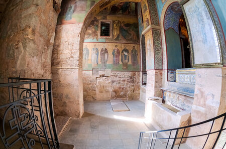 NOVGOROD, RUSSIA - JULY 23, 2014: Old religious painting frescoes of Saint Sophia cathedral in Kremlin, Great Novgorod, Russia.  St. Sophia Cathedral was founded in 1050のeditorial素材