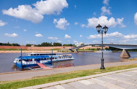 NOVGOROD, RUSSIA - JULY 24: River cruise passenger catamaran at the moored on Volkhov river. Novgorod - famous ancient Russian cityのeditorial素材