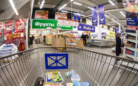 SAMARA, RUSSIA - NOVEMBER 30, 2014: Interior of the hypermarket METRO. Metro Group is a German global diversified retail and wholesale/cash and carry group based in Dusseldorfのeditorial素材
