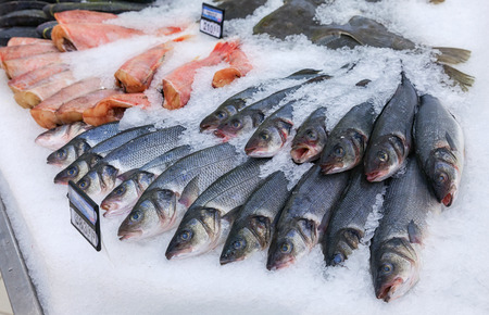 SAMARA, RUSSIA - SEPTEMBER 14, 2014: Raw fish ready for sale in the supermarket Magnit. One of largest food retailer in Russiaのeditorial素材