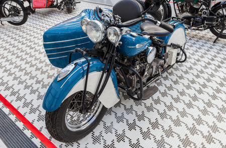 SAMARA, RUSSIA - NOVEMBER 16, 2014: Inside of the Samara hypermarket Ambar. A 1938 Indian Four retro motorcycleのeditorial素材