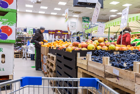 SAMARA, RUSSIA - DECEMBER 6, 2014: Interior of the supermarket Perekrestok. One of largest food retail chains in Russiaのeditorial素材