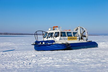 SAMARA, RUSSIA - FEBRUARY 23, 2013: Hovercraft on the ice of the frozen Volga River in Samaraのeditorial素材