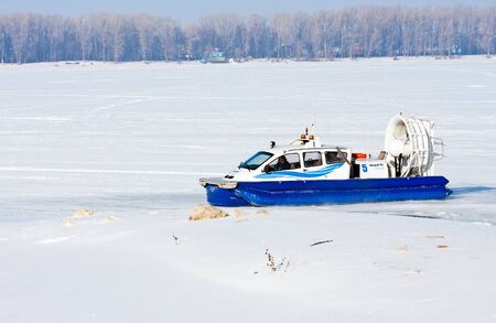 SAMARA, RUSSIA - FEBRUARY 23, 2013: Hovercraft on the ice of the frozen Volga River in Samaraのeditorial素材