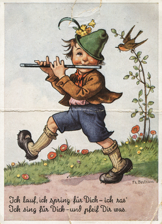 GERMANY - CIRCA 1942: Retro postcard printed in Germany shows boy playing the flute. Text in German: I run, I jump for you, I sing for you...のeditorial素材