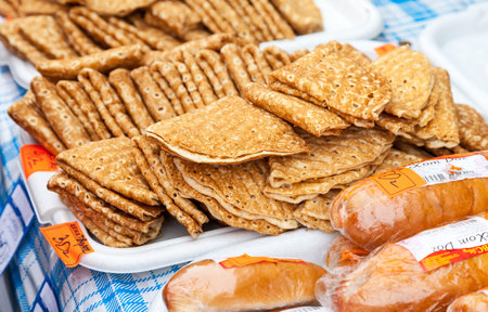 SAMARA, RUSSIA - FEBRUARY 22, 2015: Shrovetide in Russia. Appetizing fried pancakes ready for sale during Pancake Weekの写真素材