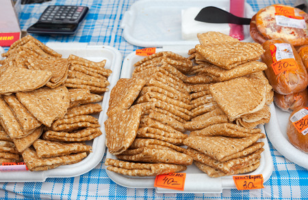 SAMARA, RUSSIA - FEBRUARY 22, 2015: Shrovetide in Russia. Appetizing fried pancakes ready for sale during Pancake Weekの写真素材