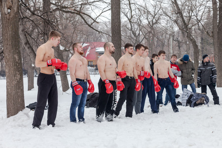 SAMARA, RUSSIA - FEBRUARY 22, 2015: Shrovetide in Russia. Fighters of fisticuffs at the festival of Maslenitsa. Maslenitsa or Pancake Week is the ancient Slavic Holidayのeditorial素材