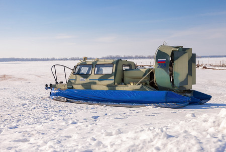 SAMARA, RUSSIA - FEBRUARY 23, 2015: Hovercraft on the ice of the frozen Volga River in Samaraのeditorial素材