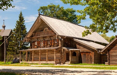 Traditional russian old wooden house in the ancient town of Novgorod, Russiaのeditorial素材