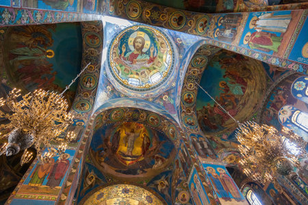 SAINT PETERSBURG, RUSSIA - AUGUST 9, 2014: Interior of the Church of the Savior on Spilled Blood. It contains over 7500 square meters mosaics of famous russian artistsのeditorial素材